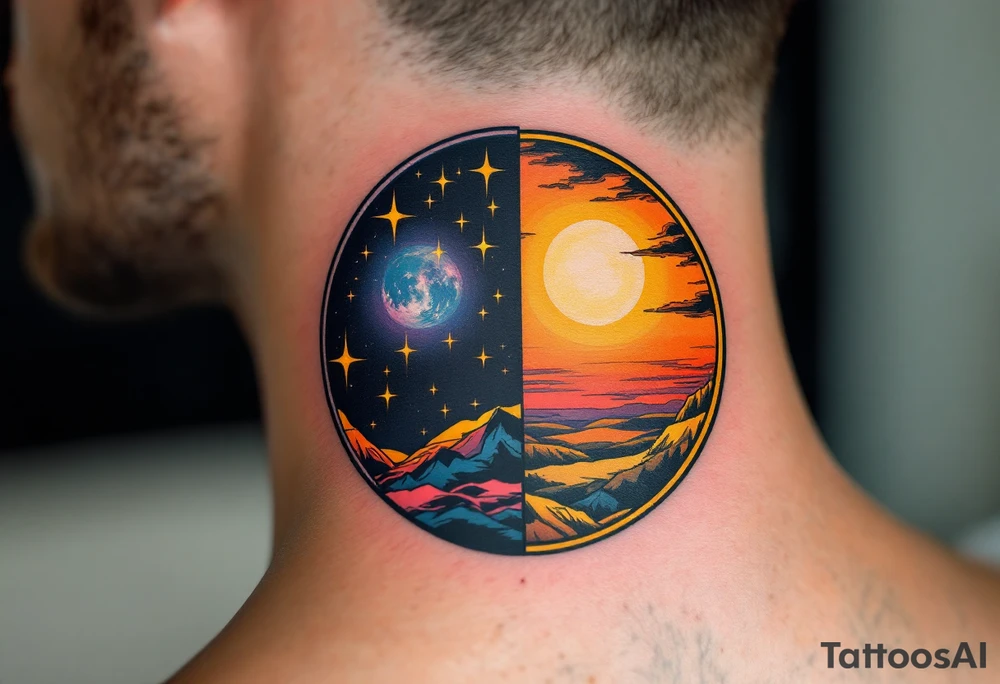 A circle divided into half night (deep navy and stars) and half day (golden sunrise hues). tattoo idea
