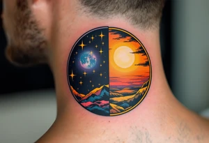 A circle divided into half night (deep navy and stars) and half day (golden sunrise hues). tattoo idea