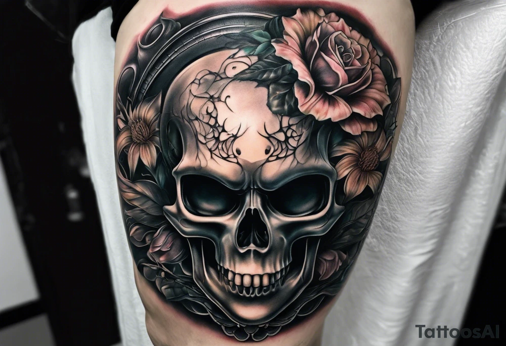 H.R. Giger Knee tattoo with realistic evil skull, various flowers, water and fall colors tattoo idea