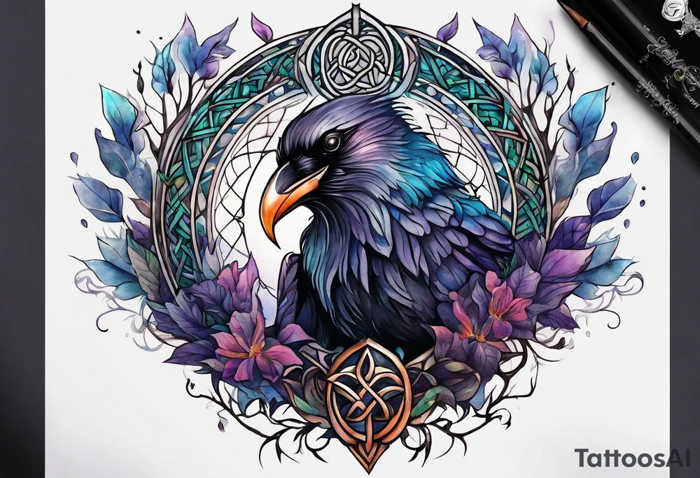 world tree with a raven and knotwork sleeve tattoo tattoo idea