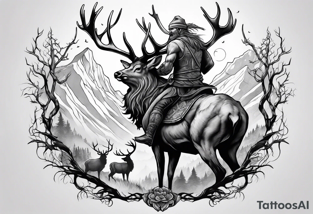 Leshy riding elk tattoo idea