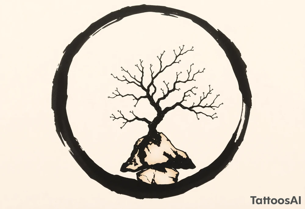 thick Zen ensō circle, drawn with a bold, hand‑painted black ink brushstroke. The circle is imperfect and organic, with visible texture and subtle variation in line thickness. About the last quarter of the circle, near the top‑right, transforms into a cracked ceramic segment that has been repaired using kintsugi: visible broken pieces outlined and joined by thin, flowing gold lines. There should be a couple big pieces of ceramic and no small ones. The circle and the ceramic part should have the same thickness. The gold seams follow the natural fractures of the ceramic section, creating several branching cracks rather than a single line, clearly distinguishing this repaired portion from the rest of the smooth ink circle. The transition from ink to ceramic should feel natural, as if the painted circle solidifies into a fragile object that has been lovingly mended. The ceramic shall seamlessly flow into a rock from which a tree of life sprouts. Design it as a black and gray tattoo with a subtle metallic gold effect on the kintsugi seams, suitable for a medium‑sized placement on the back of the bicep. tattoo idea