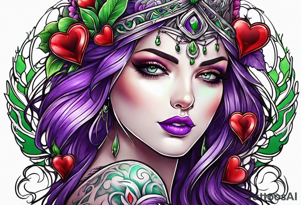 purple green red heart tattoo idea