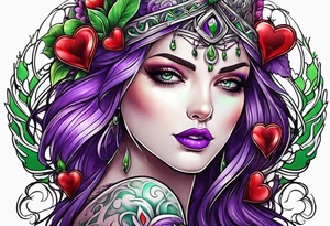 purple green red heart tattoo idea