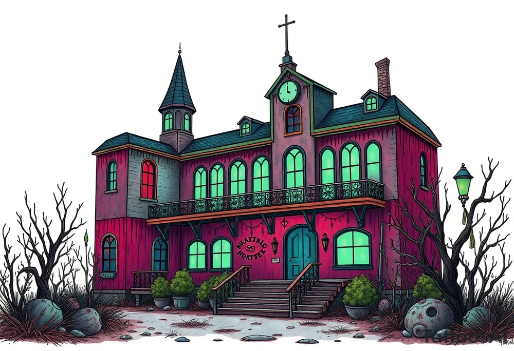 Tim Burton’s sex hotel from outside viewis abandoned and dripping with muted reds, dusty pinks, and eerie green glow. tattoo idea tattoo idea
