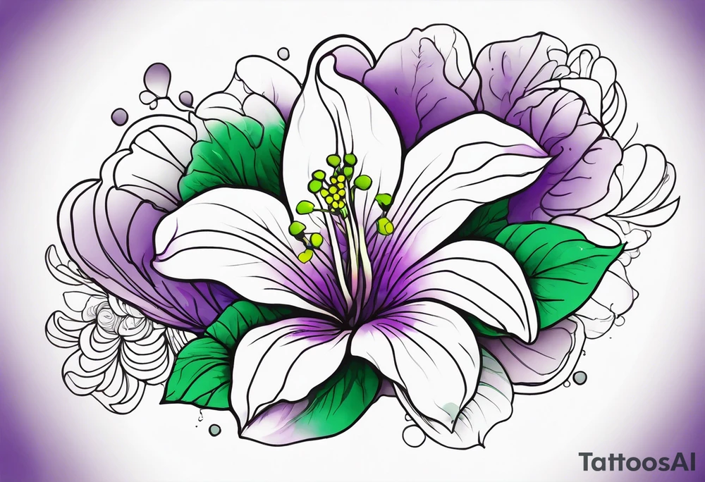 An outline of a rio dipladenia flower with a green and purple watercolor background tattoo idea