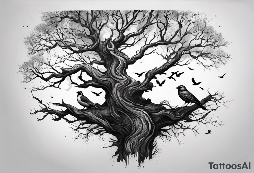 branch of a dead tree with shadows of birds tattoo idea