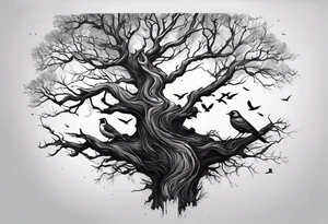 branch of a dead tree with shadows of birds tattoo idea
