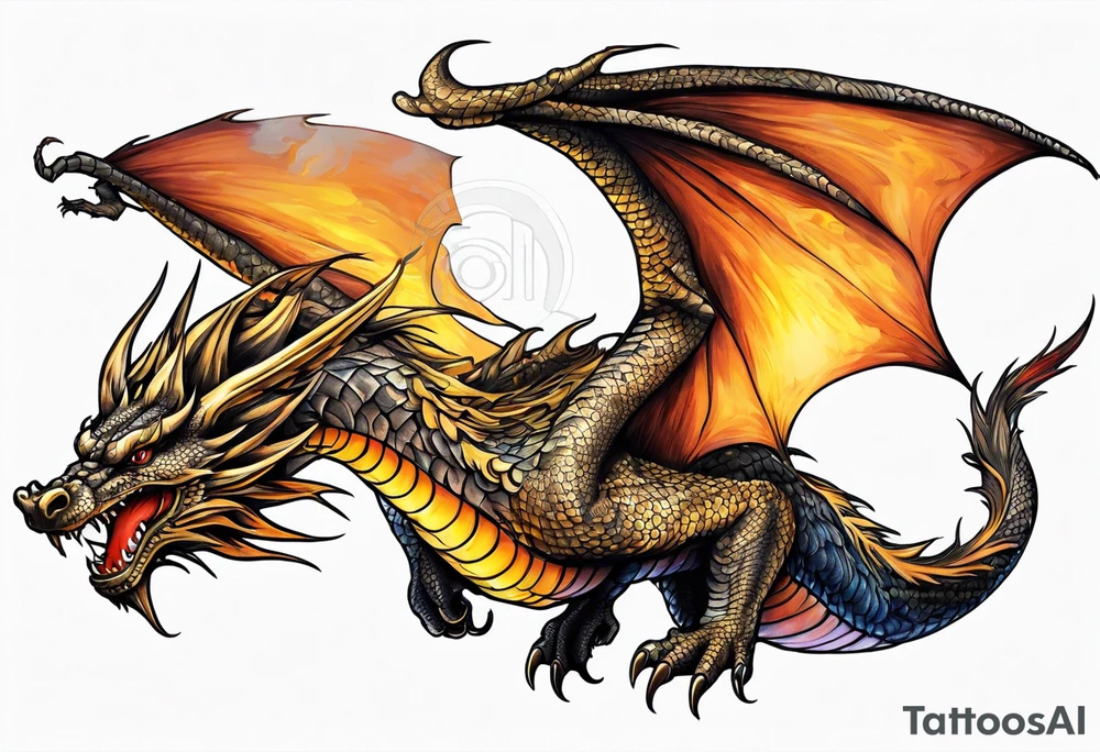 Flying dragon, fire around tattoo idea