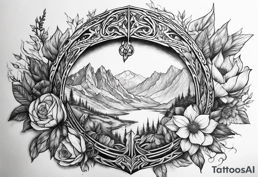 Lord of the rings with floral design tattoo idea