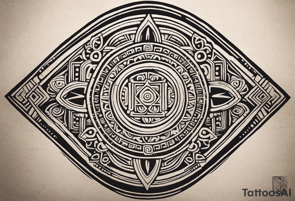 Create a masculine mayan tattoo design carved in stone featuring three flower buds of Gypsophila spp. The design should incorporate sharp, geometric patterns inspired by ancient Mayan glyphs and carvings, emphasizing strength and symmetry. The flower buds should be stylized with angular, bold lines, set within intricate, sacred Mayan motifs. The overall design should evoke harmony and balance, symbolizing the calming frequency of 432 Hz through symmetrical and flowing element tattoo idea