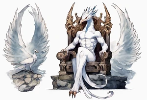 a white bird-wyvern hybrid wearing a plain iron diadem, perched on a stone throne tattoo idea
