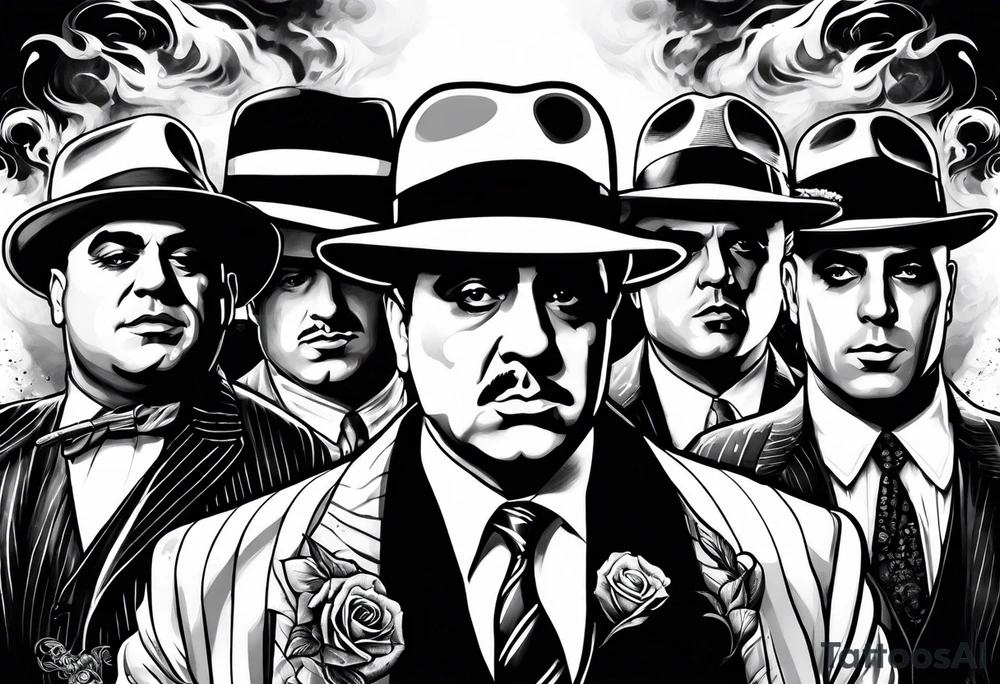 group of gangsters including Al Capone with machine guns surrounded by smoke and fire tattoo idea