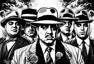 group of gangsters including Al Capone with machine guns surrounded by smoke and fire tattoo idea