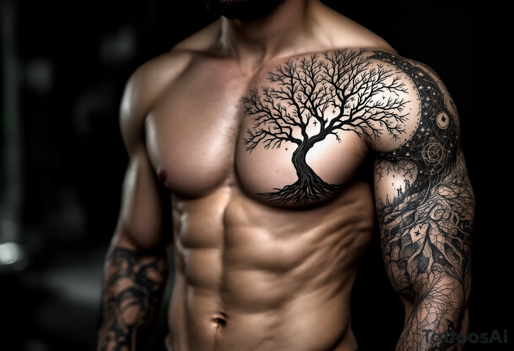 mystical tree of life with cosmic roots and celestial branches tattoo idea
