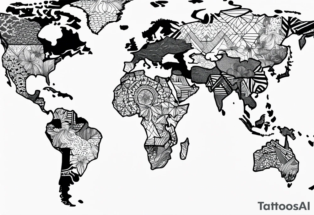 geometric world map tattoo with a cheetah pattern overlay tattoo idea