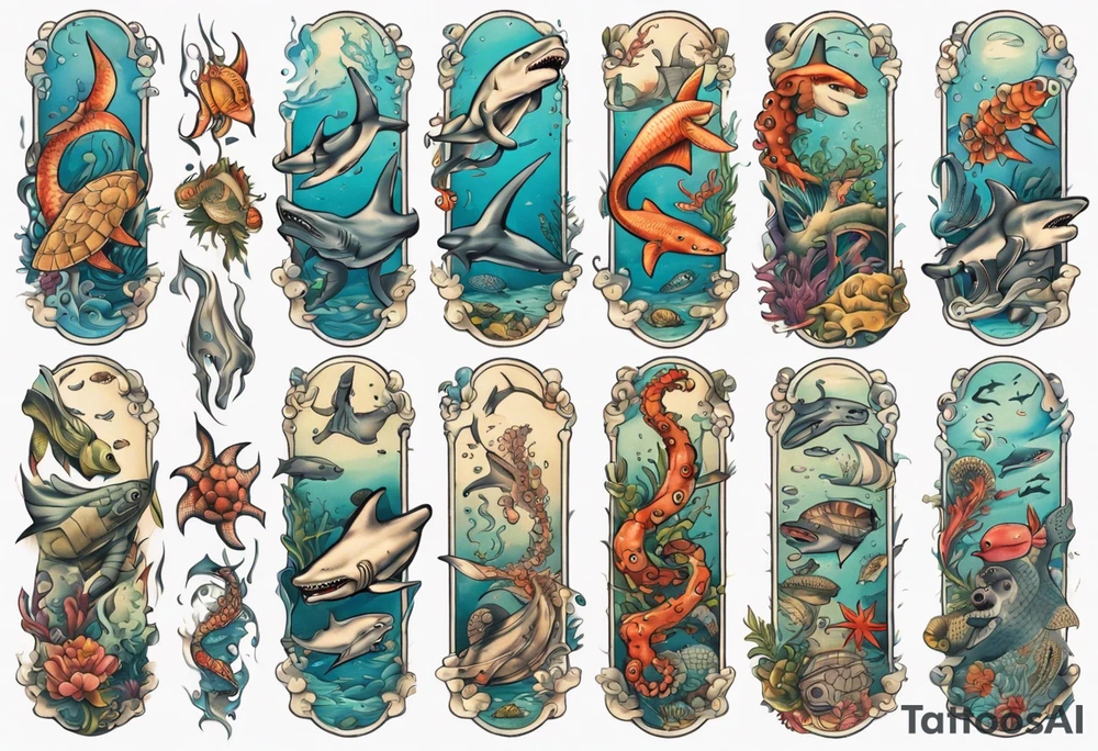 An arm sleeve of an aquatic scene of sea animals, including a hammerhead shark, a turtle, an octopus, and a colorful fish tattoo idea