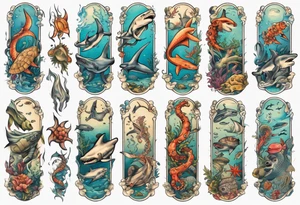An arm sleeve of an aquatic scene of sea animals, including a hammerhead shark, a turtle, an octopus, and a colorful fish tattoo idea