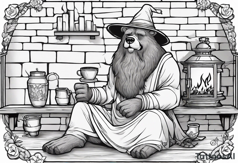 a medieval dog-bear hybrid with a long grey beard wearing a tunic and a floppy hat sitting on a bench by a fireplace drinking from a wood cup, smiling tattoo idea
