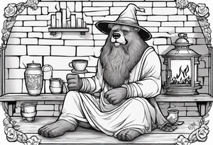 a medieval dog-bear hybrid with a long grey beard wearing a tunic and a floppy hat sitting on a bench by a fireplace drinking from a wood cup, smiling tattoo idea