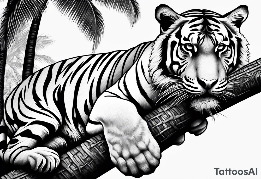 tiger laying on palm tree tattoo idea