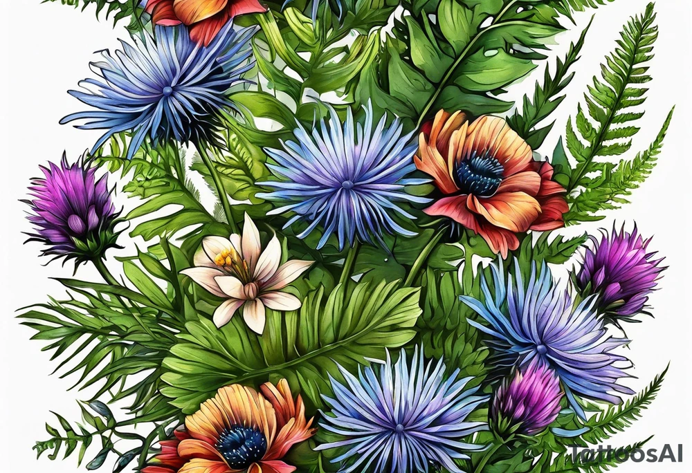 small vertical mixed wildflower bouquet with ferns, thistle and with color tattoo idea