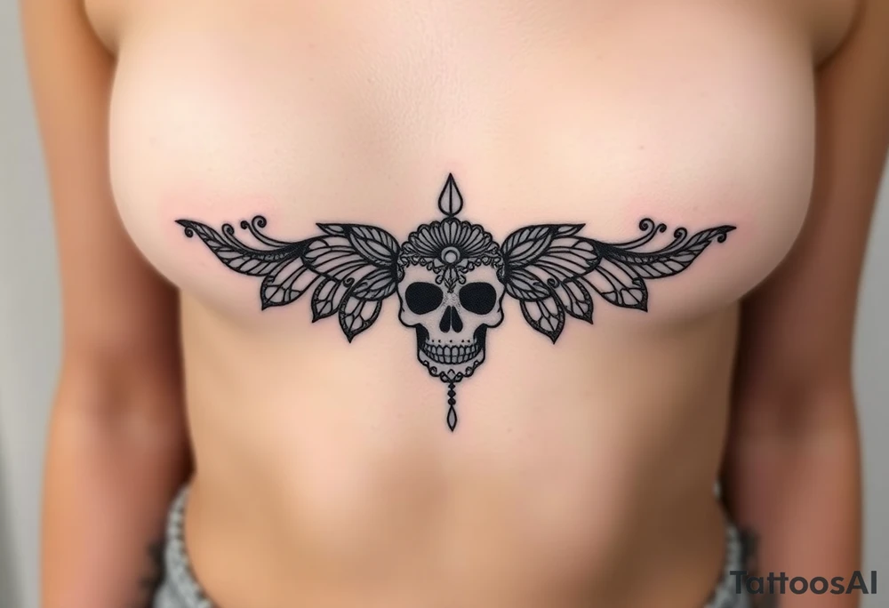 Stunning underboob tattoo with lace and elegant mandala skull tattoo idea