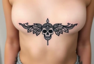 Stunning underboob tattoo with lace and elegant mandala skull tattoo idea