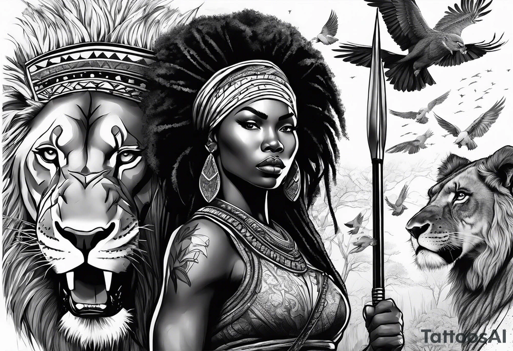 African woman warrior holding a spear with a mean look on her face with birds in the background and lion tattoo idea