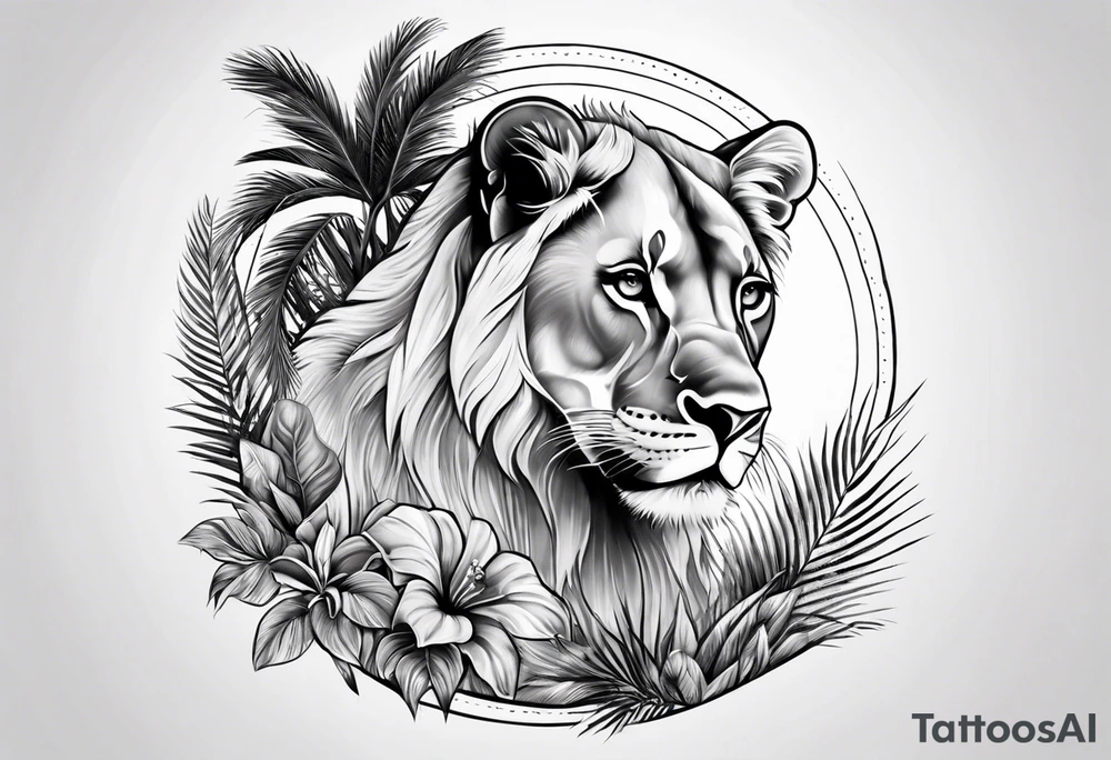 lioness and cub sun palm tree tattoo idea