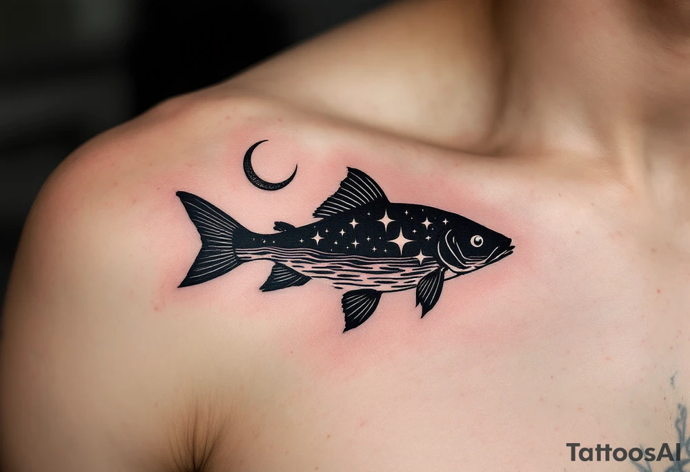 Night Catfish Silhouette – A quiet and mysterious tattoo featuring a black silhouette of a catfish under a crescent moon, with stars reflected in a rippling water surface. tattoo idea