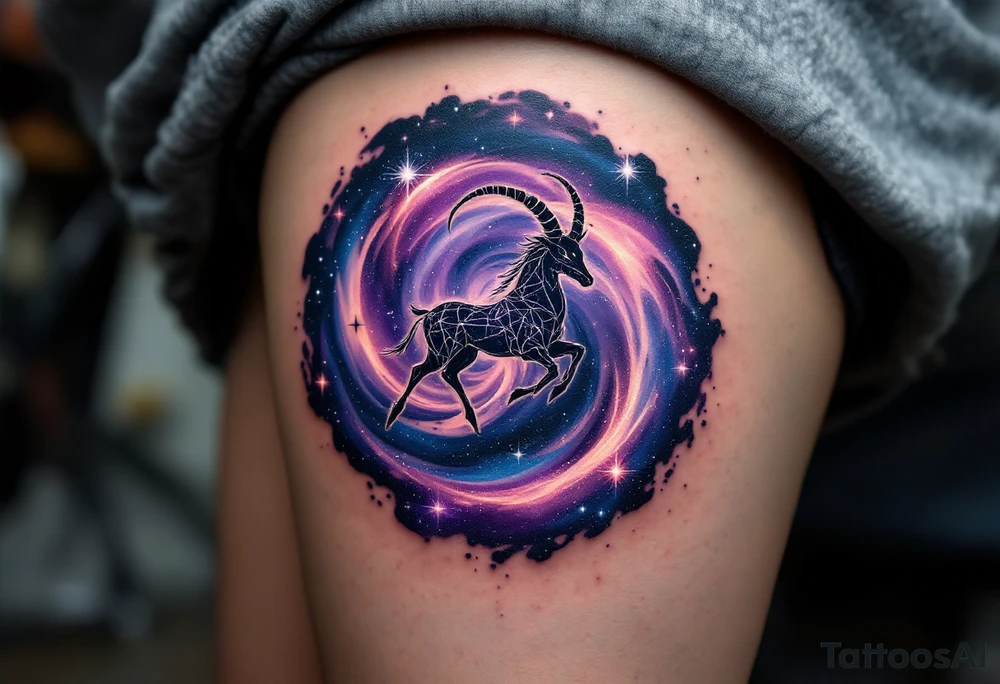 A swirling galaxy of violet and navy envelops the Capricorn constellation in this magical design. tattoo idea