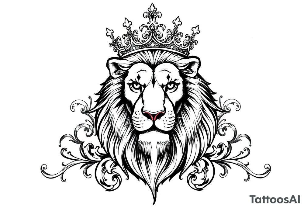 majestic lion wearing ornate crown, surrounded by baroque flourishes tattoo idea