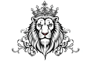 majestic lion wearing ornate crown, surrounded by baroque flourishes tattoo idea