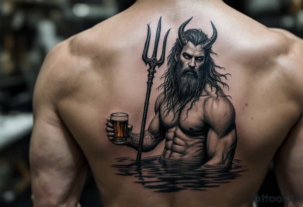 young, fit poseidon in calm water, holding a trident, holding a beer, with bare feet tattoo idea