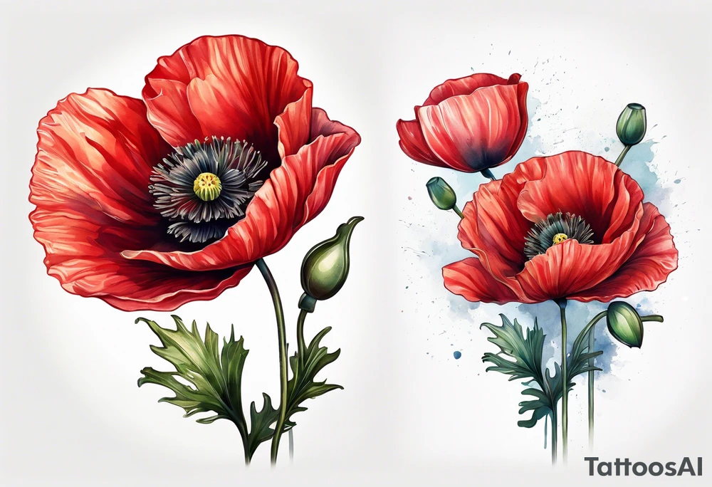 Red poppy flower with stem tattoo idea