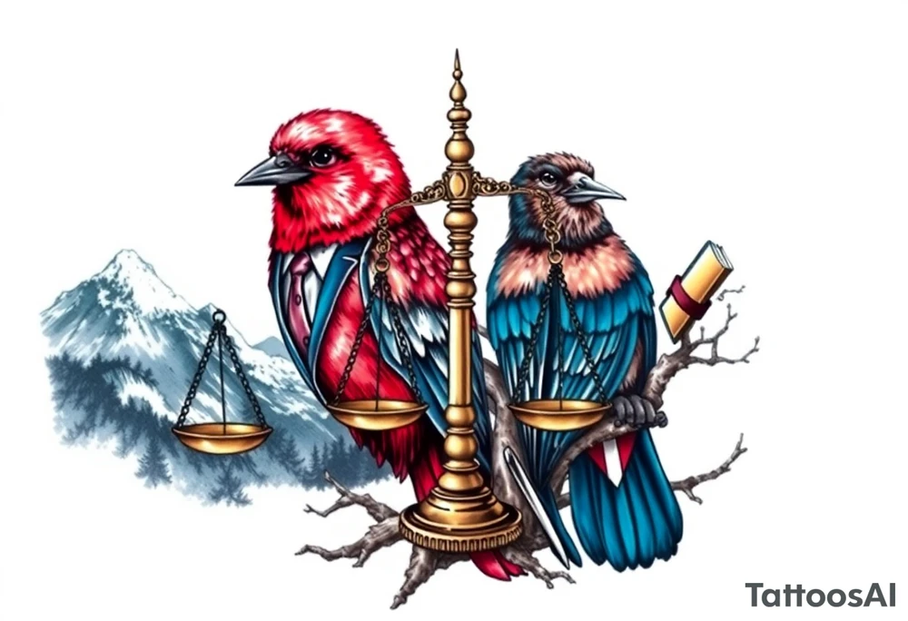 one of the birds red wearing a suit, other bird navy blue with glasses or holding a book, scales of justice built into a tree, starry night painting and mountain background tattoo idea