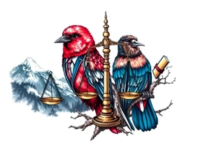 one of the birds red wearing a suit, other bird navy blue with glasses or holding a book, scales of justice built into a tree, starry night painting and mountain background tattoo idea