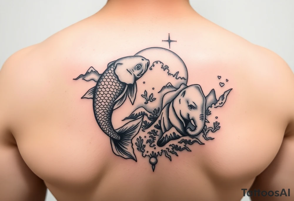 Koi fish and elephants with a wave design and underwater mountains tattoo idea