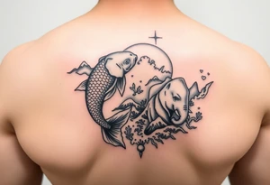 Koi fish and elephants with a wave design and underwater mountains tattoo idea