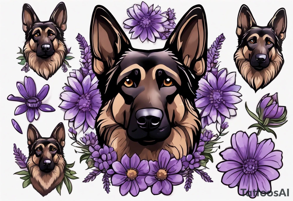 Dark Brown German shepherd portrait surrounded by purple daisies tattoo idea