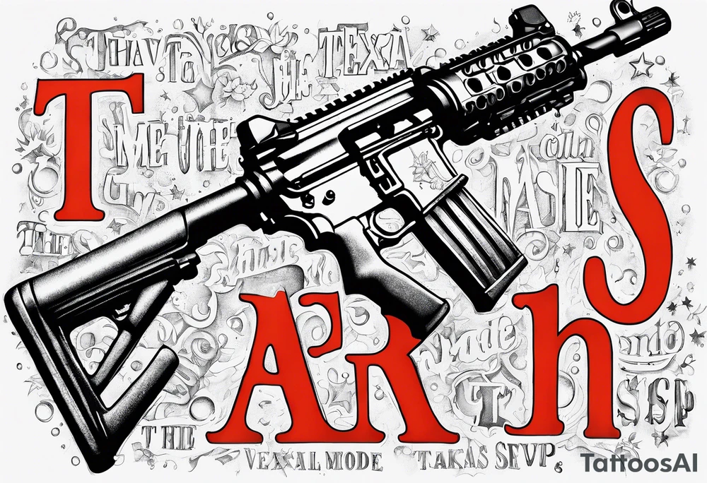 AR15 dripping syrup and the words Texas Made in bubble letters on top of the AR tattoo idea