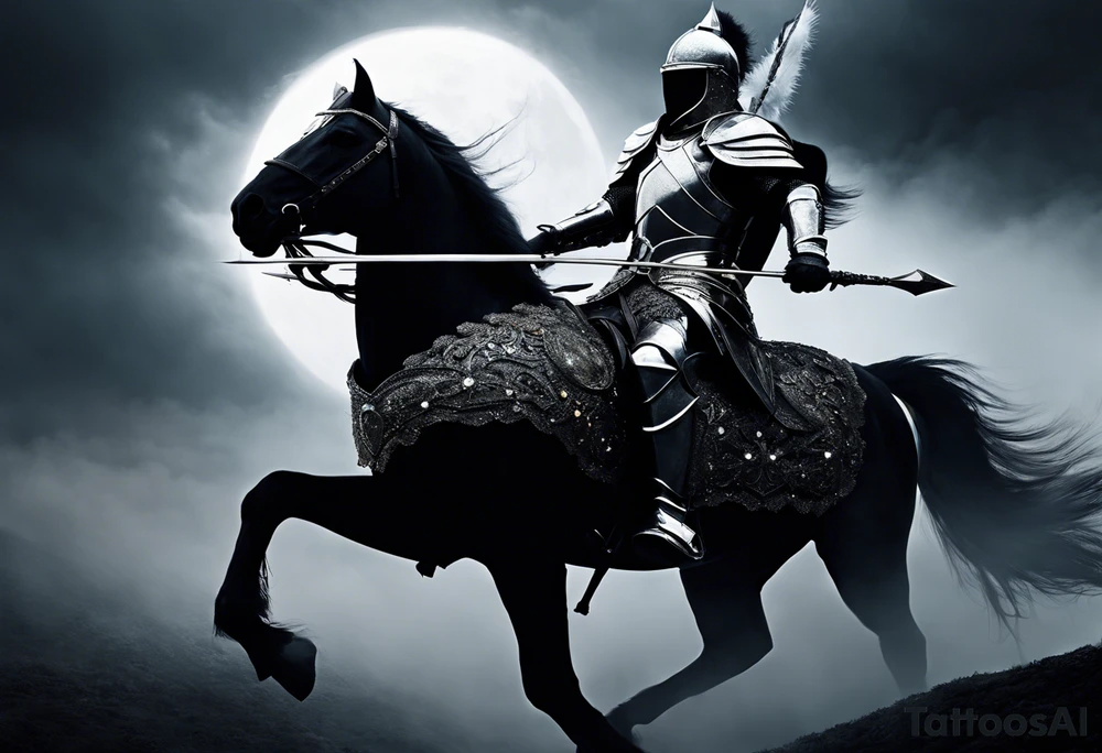 Dark art of the first horseman of the apocalypse. Wearing iron armor with a crown-shaped helmet, carrying a bow and arrows in one hand, he rides a white horse that is strong and slender, wearing shiny ornaments on his face. It is not possible to see the horseman's face, which is obscured by the darkness and fog in the image. It is important that the horseman is facing the image. tattoo idea