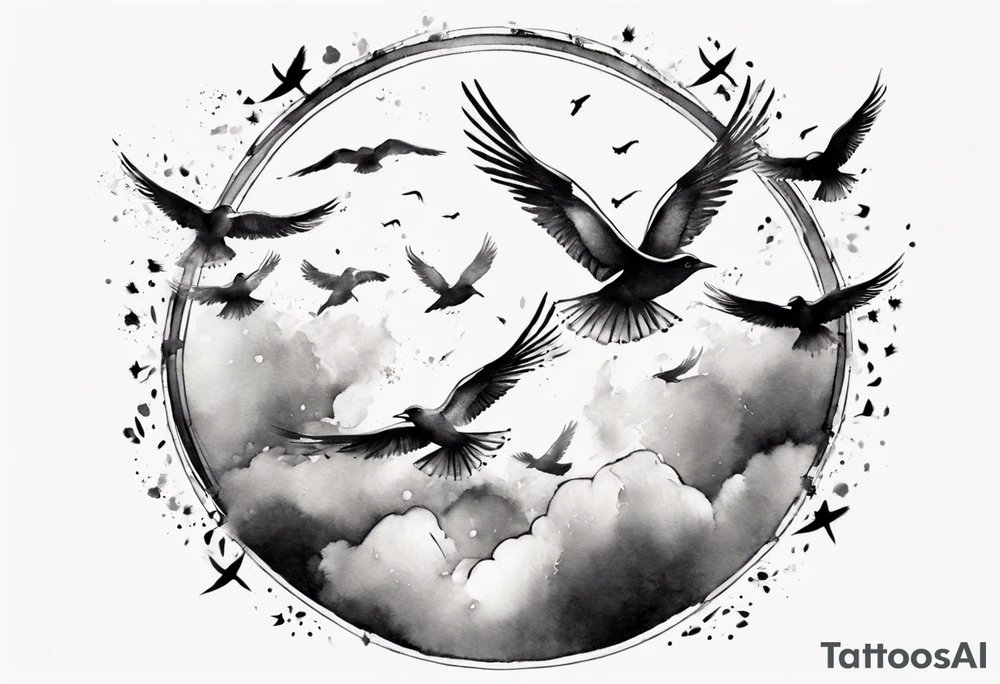 shoulder tattoo with light rays with birds flying free among the clouds, round shape, 3d effect tattoo idea shoulder tattoo with light rays with birds flying free among the clouds, round shape, 3d effect tattoo idea