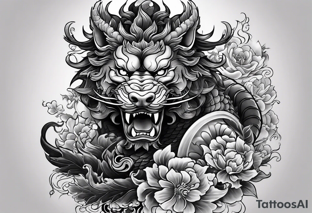 give me an asian gangster style tattoo with a dragon, foo dog on the back and mix it in with a greek style arm sleeve with achilles the greek god tattoo idea
