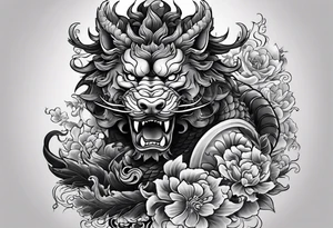 give me an asian gangster style tattoo with a dragon, foo dog on the back and mix it in with a greek style arm sleeve with achilles the greek god tattoo idea