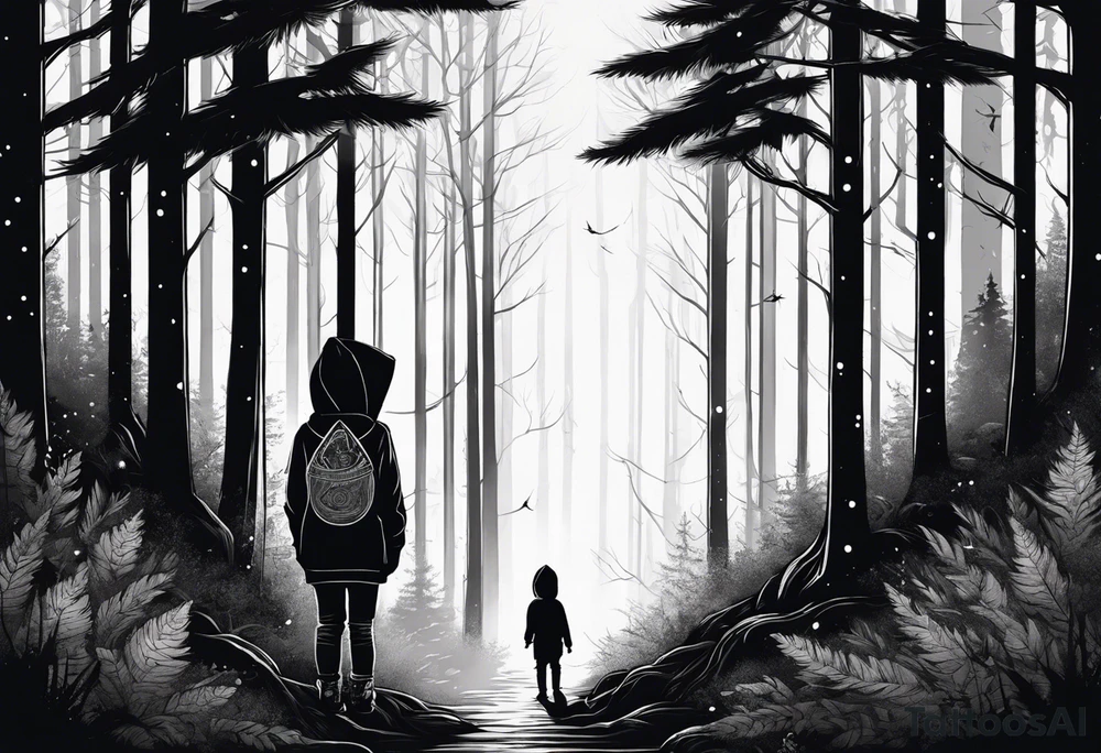 dark forest with alone child in hoody tattoo idea