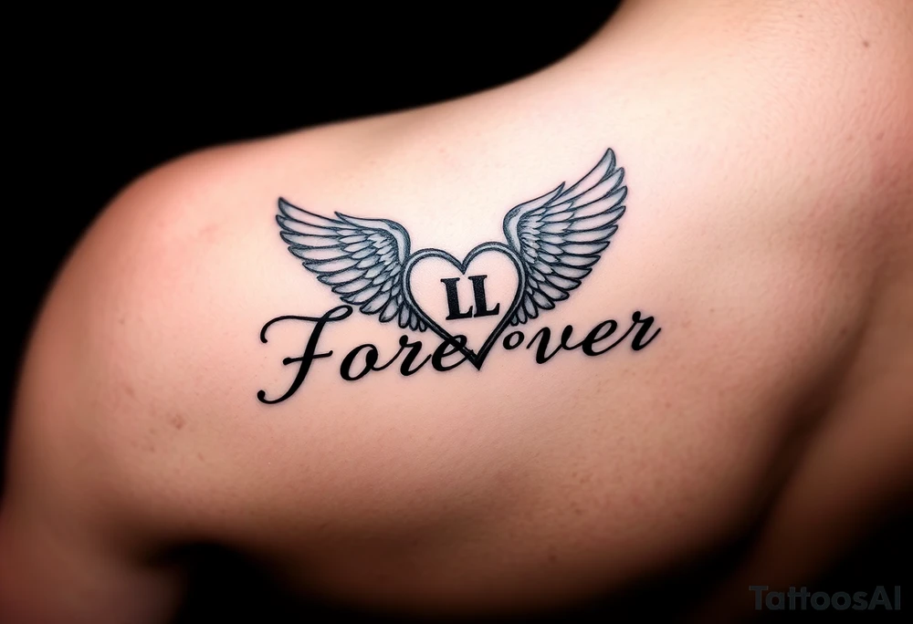 Tattoo with the word forever, the letter L and a wing in the form of a heart tattoo idea