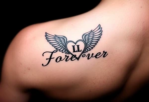 Tattoo with the word forever, the letter L and a wing in the form of a heart tattoo idea