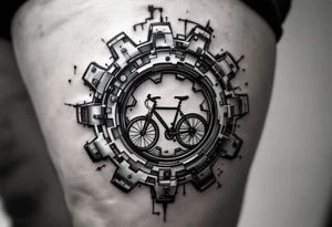 A mechanical gear system with a hidden bicycle silhouette inside, using black and gunmetal gray for a sleek industrial aesthetic. tattoo idea